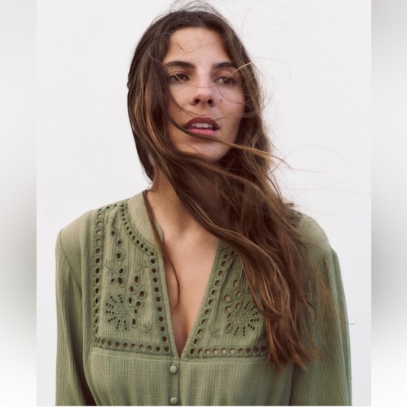 New ZARA Openwork Embroidered Eyelet Long Sleeves Mini Dress - Picture 6 of 9